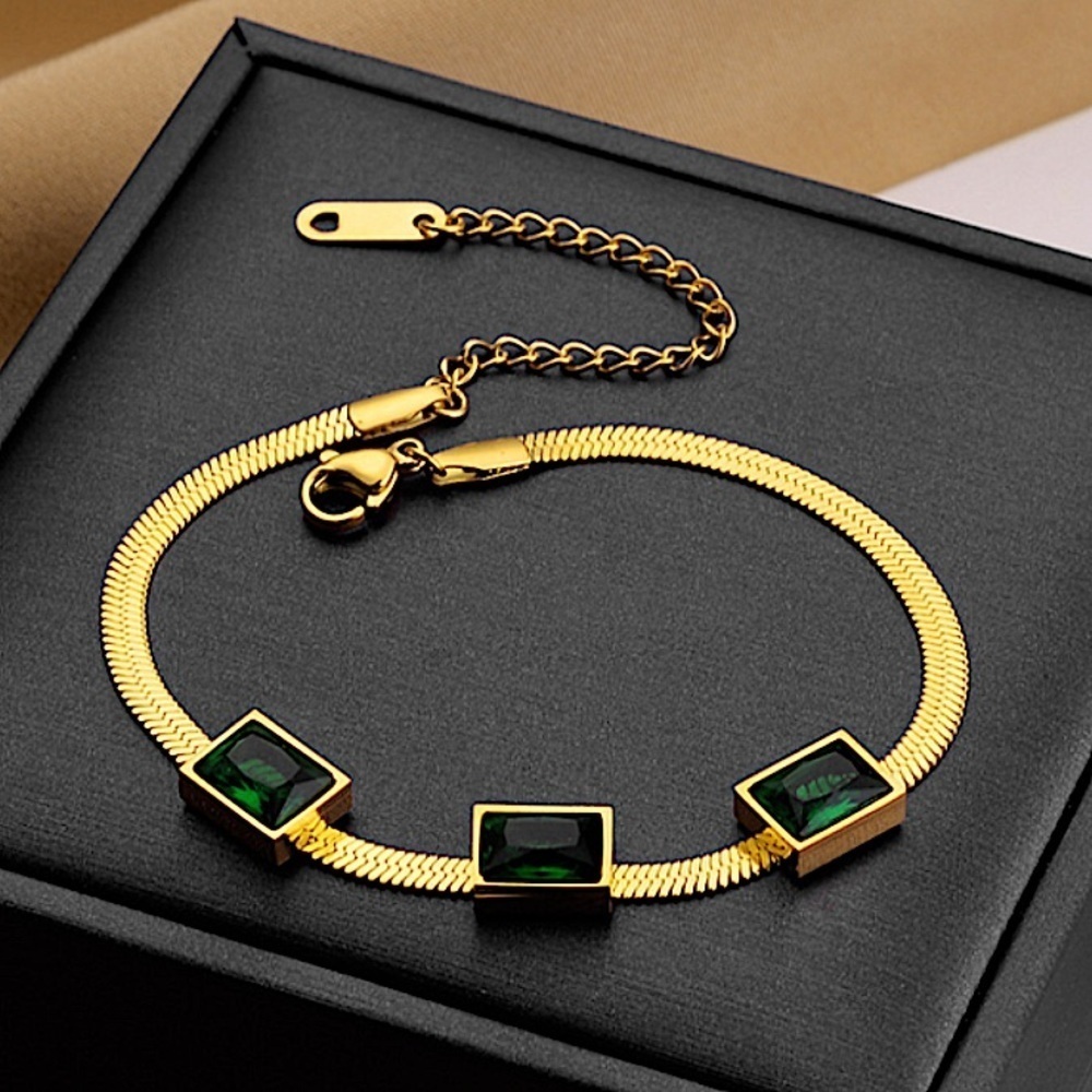 Gold Emerald Zircon Bracelet Herringbone Gemstone Square